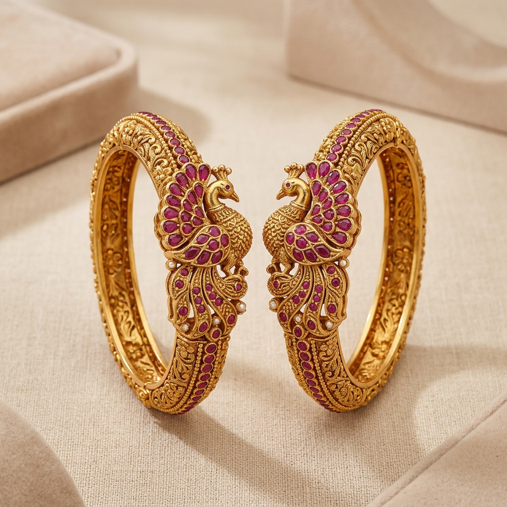 Heritage Peacock 1 Gram Gold Premium Bangles (Pair)